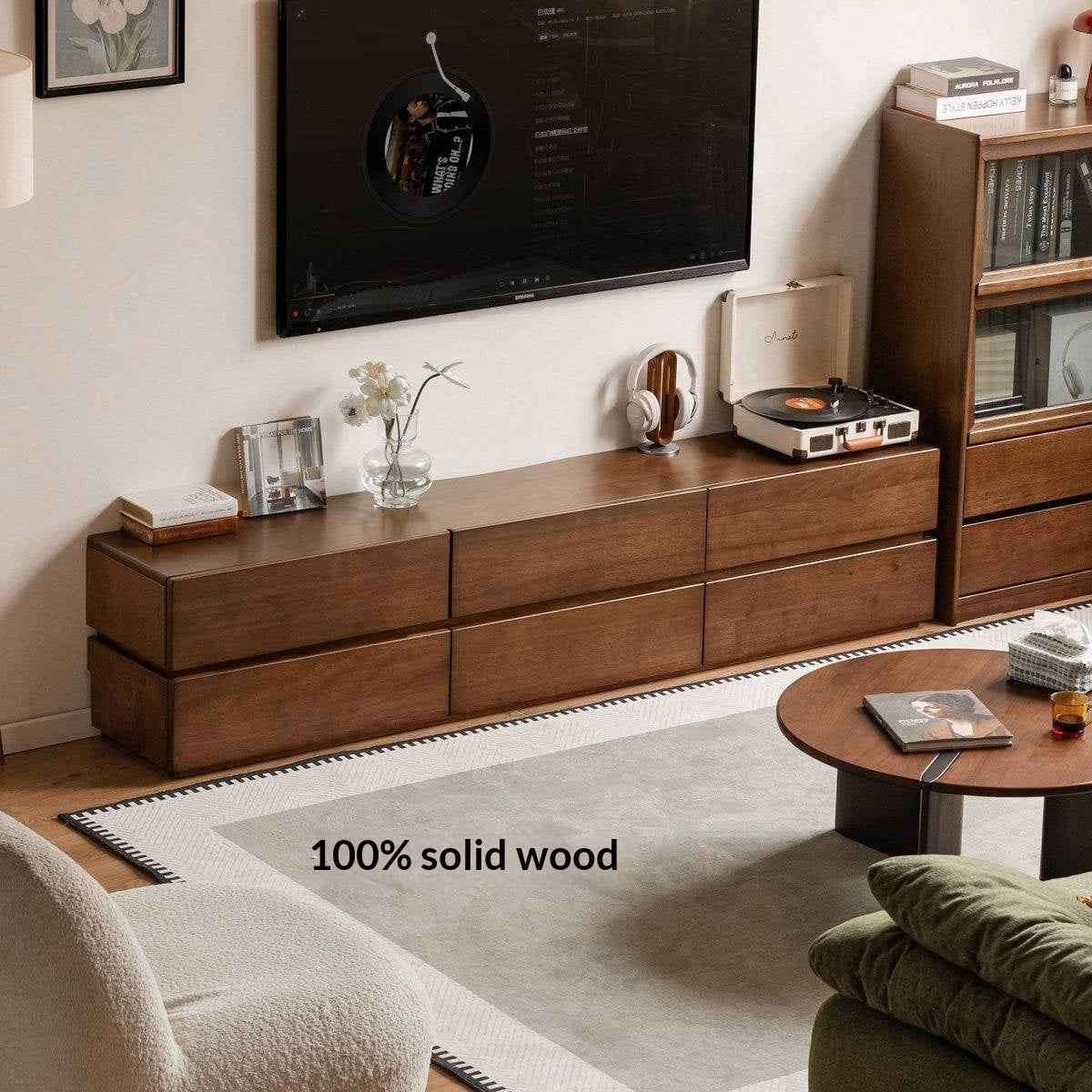 Solid Longan Hardwood Floating Media Console with Push-Open Drawers
