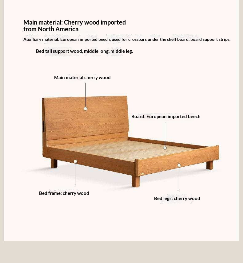 Cherry Solid Wood Bed Modern Minimalist Luminous Bed