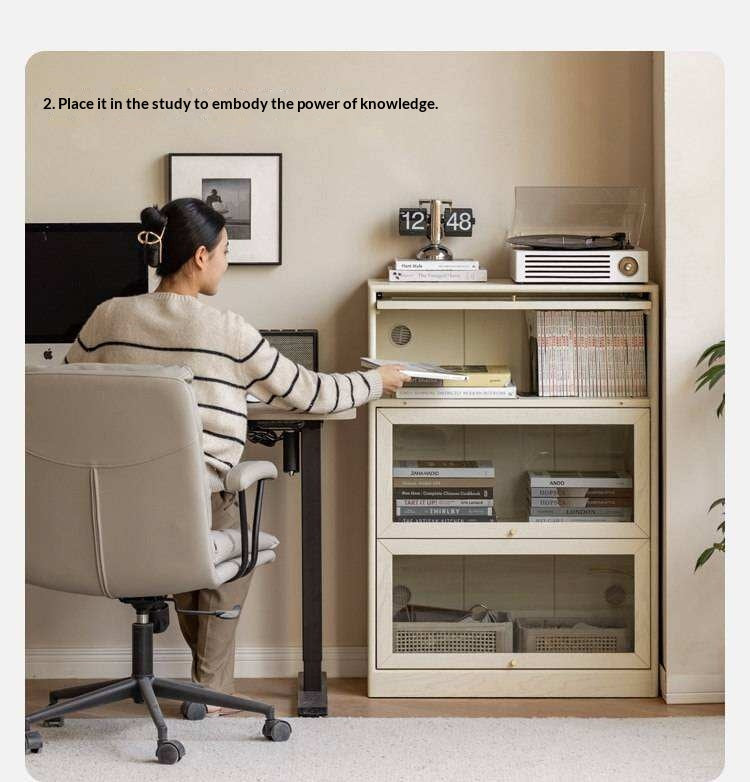 Oak Solid Wood Bookcase Cream Flip Door Glass Display Cabinet
