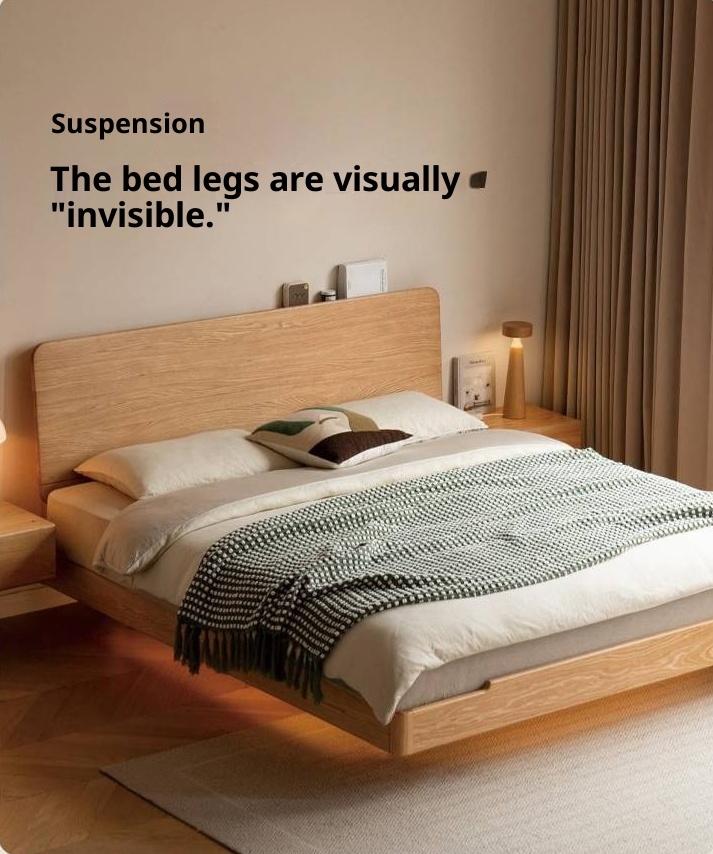 Oak, Ash Solid Wood Luminous Suspended Bed, Nordic Style