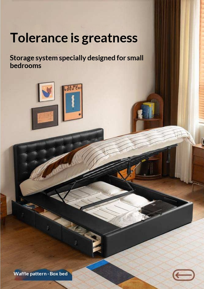 Genuine Leather Hydraulic Lift Storage Bed with Drawers