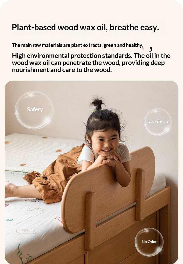 Beech, Rubberwood Solid Wood Kids’ Bed with Guardrail, Platform Bed, Headboard-Free Bed