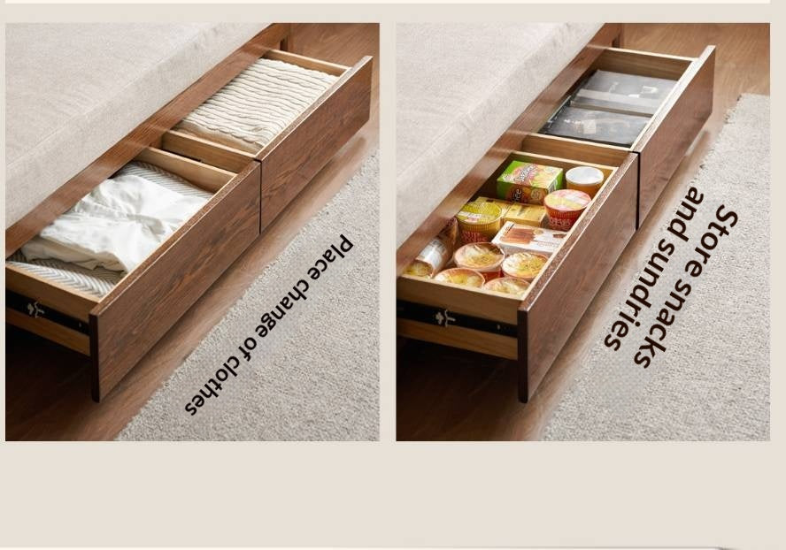 Oak Solid Wood Pull-Out Sleeper Sofa with Under-Seat Storage Drawers