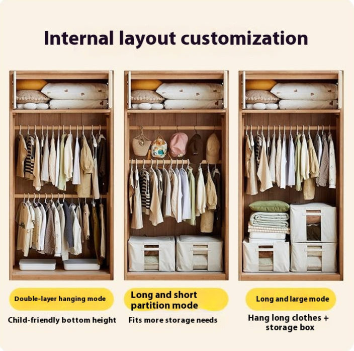 Solid Rubberwood Modern Children's Sliding Door Wardrobe