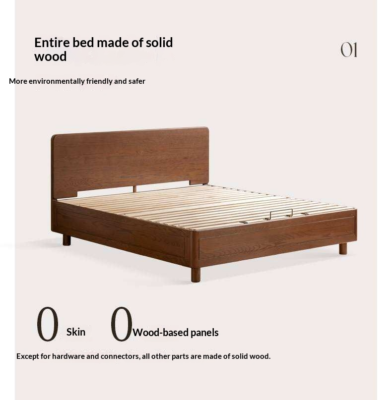 Oak Solid Wood Storage Bed with Gas Lift and Flat Panel Headboard