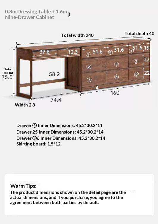 Black Walnut Solid Wood Vanity Desk and Dresser Combo, Italian Style
