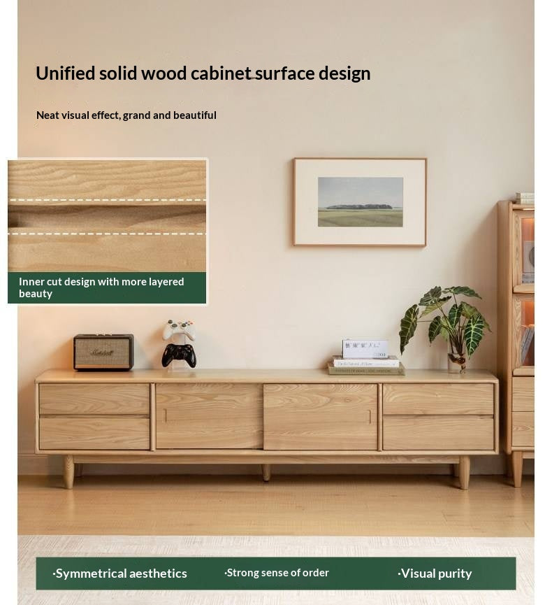 White Ash, Ash Solid Wood TV Stand with Sliding Doors and Sleek Finish