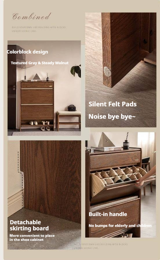 Oak Solid Wood Modern Shoe Cabinet with Flip Drawers and Open Shelf