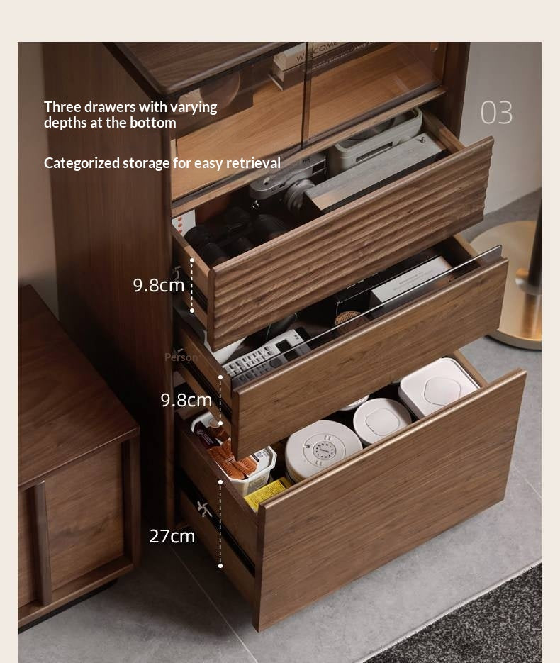 Black Walnut, Ash, Oak Solid Wood Tall Side Cabinet with Louvered Sliding Door and LED Lighting