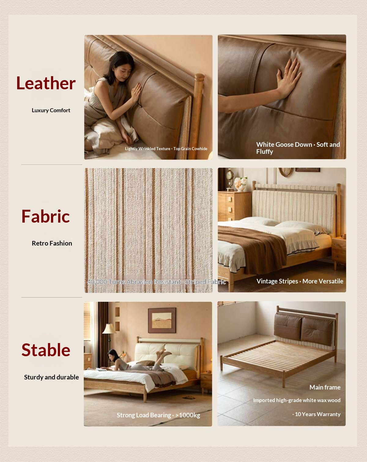 Ash Solid Wood Bed with Plush Genuine Leather Cushioned Headboard