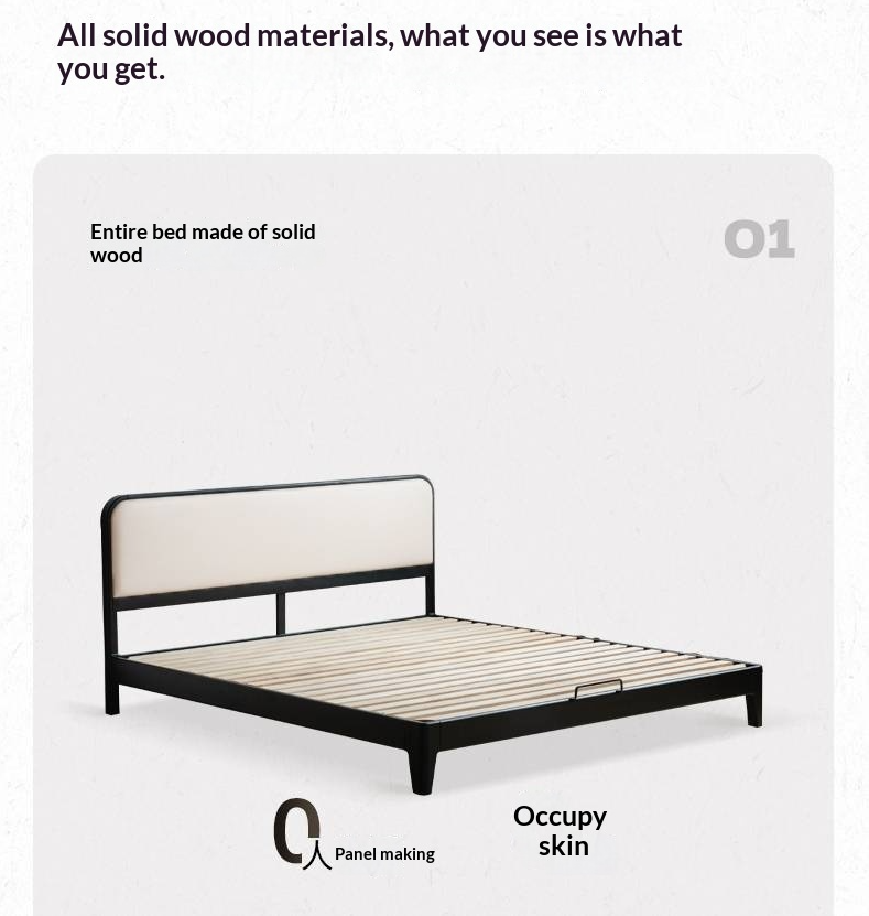 Rubberwood Solid Wood Bed — Modern Minimalist Black Design with Soft Headboard