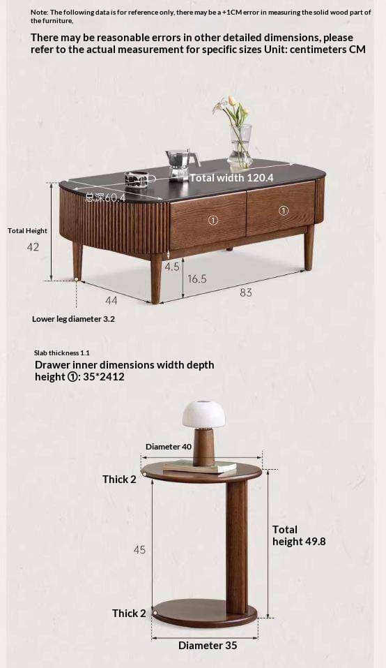 Oak Solid Wood Coffee Table with Rock Plate Surface