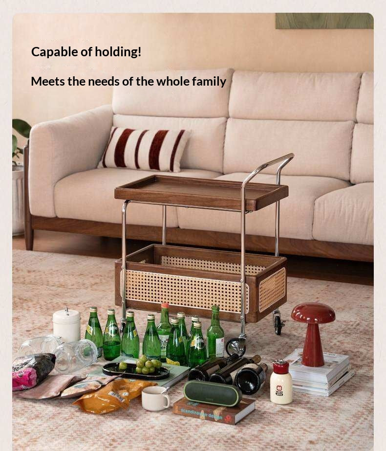 Oak Solid Wood Side Table with Double Layer Storage and Mobile Trolley