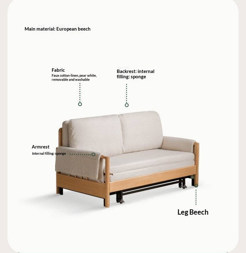 Beech Solid Wood Sleeper Sofa with Pull-Out Bed and Slatted Wood Armrests
