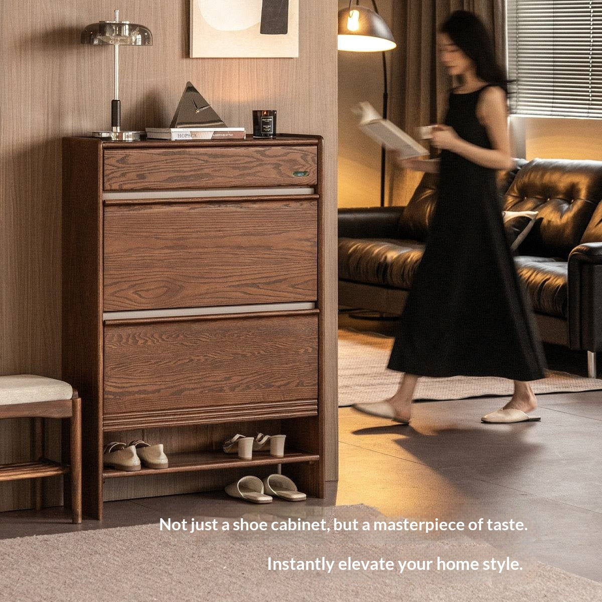 Oak Solid Wood Shoe Cabinet with Flip Doors and Light Italian Luxury Finish