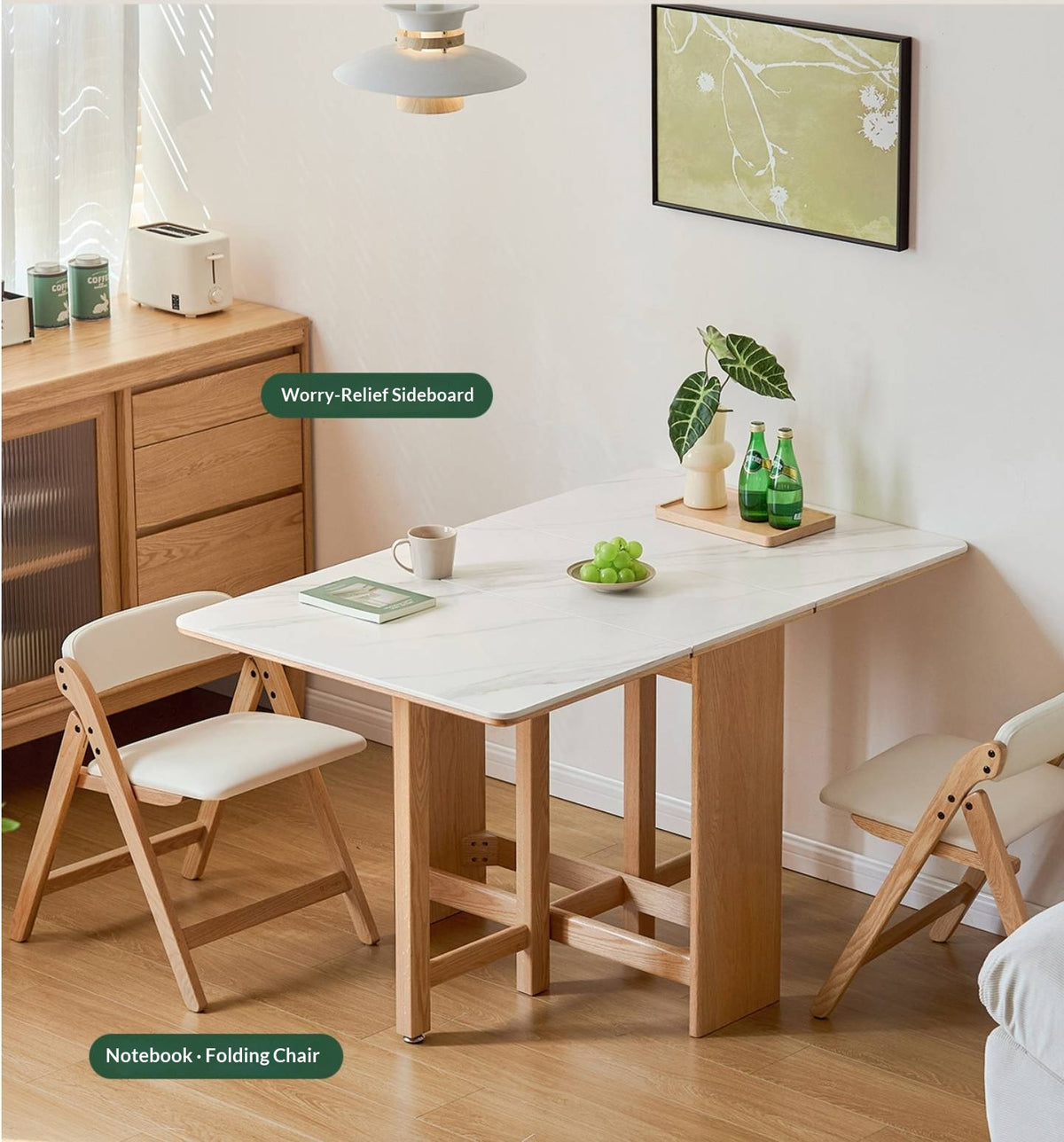 Oak Solid Wood Foldable Dining Table With Rock Slab Surface