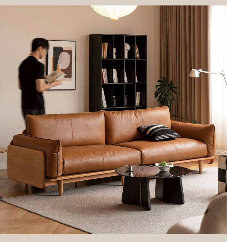 Cherry Wood Contemporary Casual Sofa Genuine Leather, Fabric
