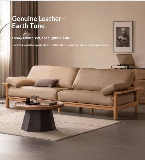 Oak, Ash Solid Wood Wabi Sabi Style Genuine Leather Sofa, fabric sofa