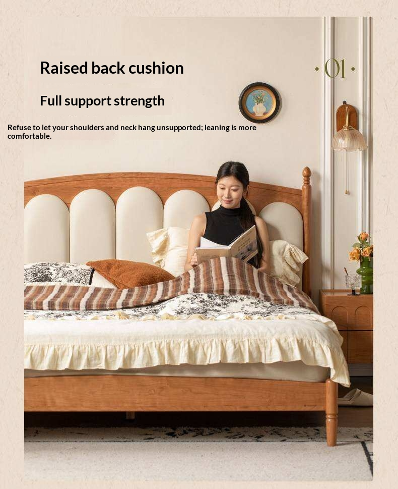 Cherry Solid Wood Genuine Leather, Velvet French-Inspired Scalloped Headboard Bed