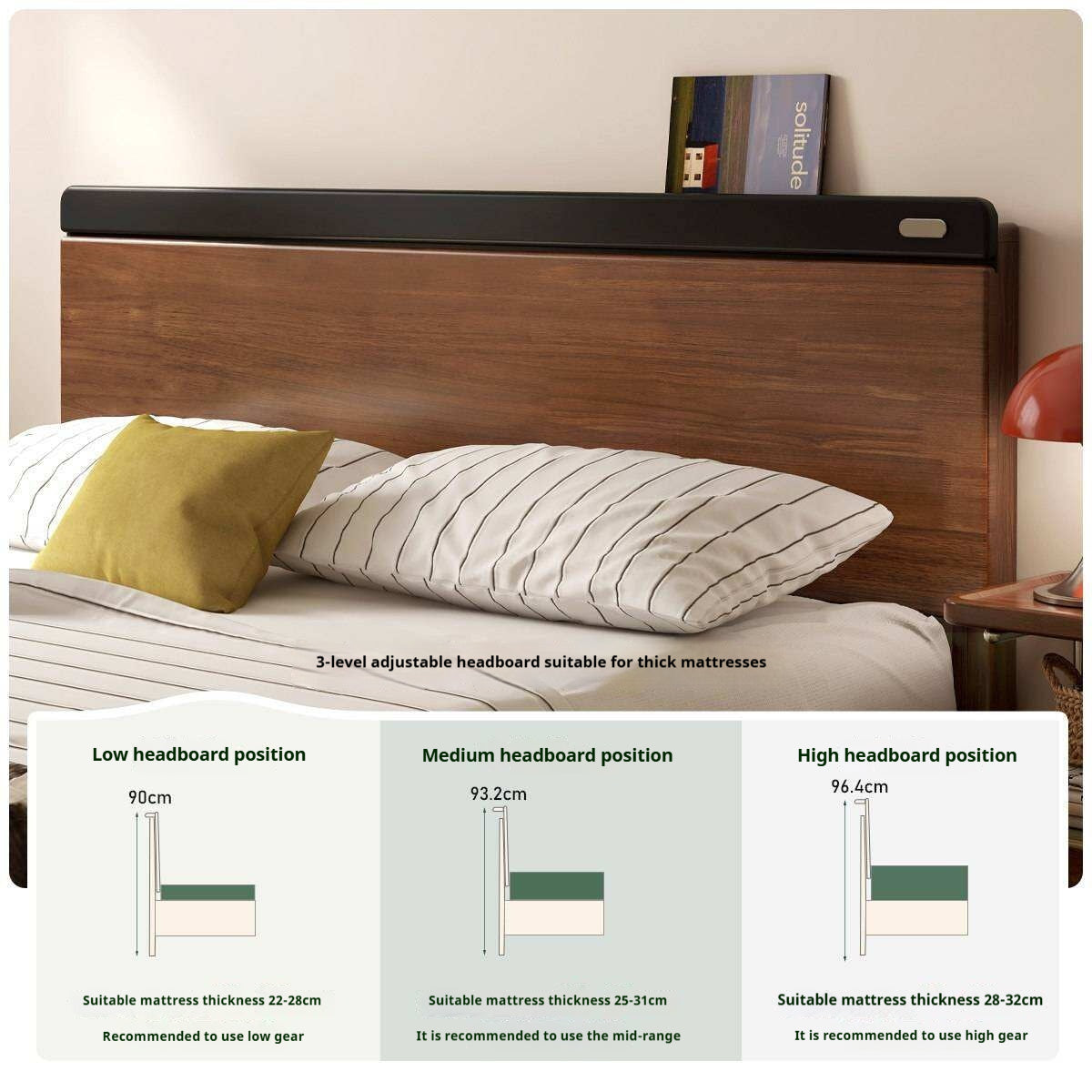 Rubberwood Solid Wood Platform Bed with Metal Legs and Two-Tone Headboard