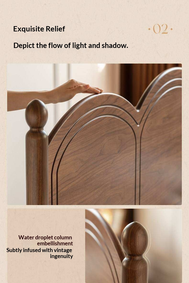 Black Walnut Solid Wood Bed with Arched French Country Headboard and Spindle Legs