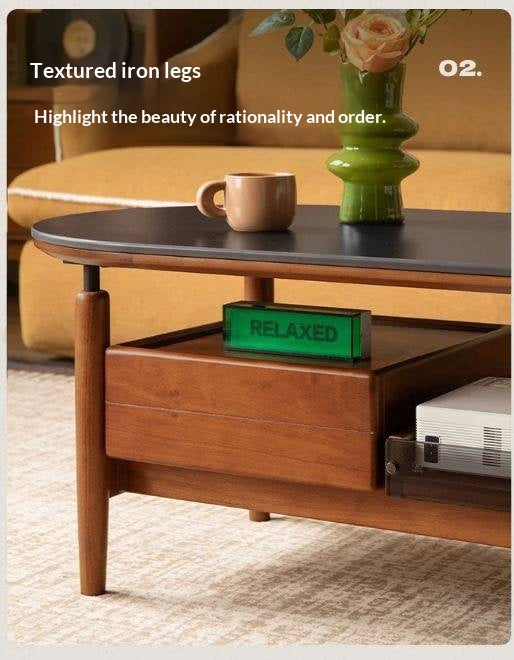 Tulipwood Solid Wood Coffee Table with Rock Slab Top in Retro Style