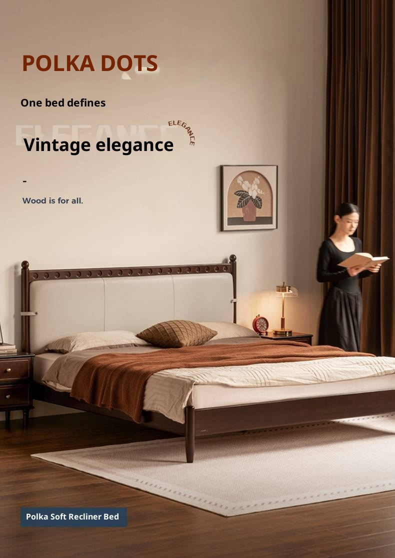 Poplar Solid Wood Genuine Leather Soft Backrest Bed Retro Vintage