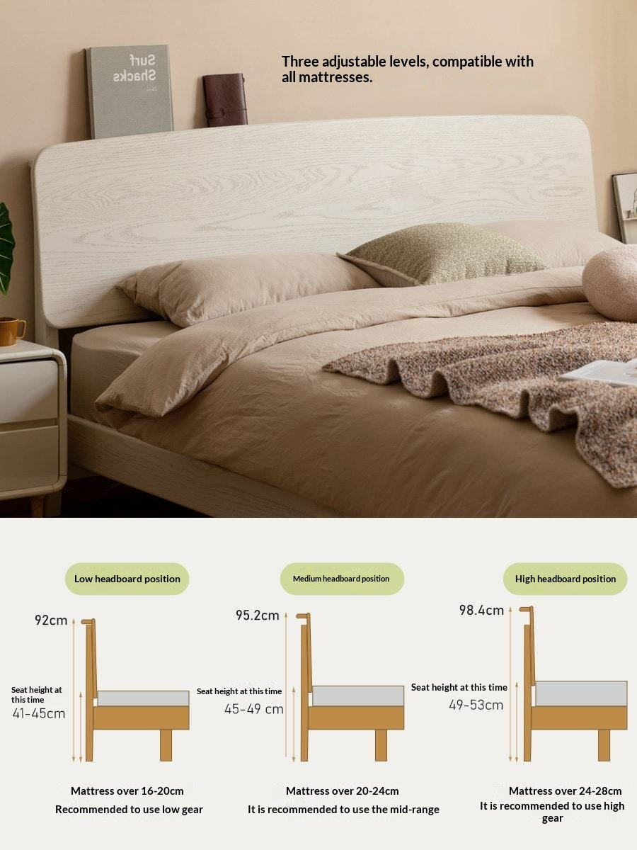 Oak Solid Wood Bed — Cream Style with Slanted Backrest