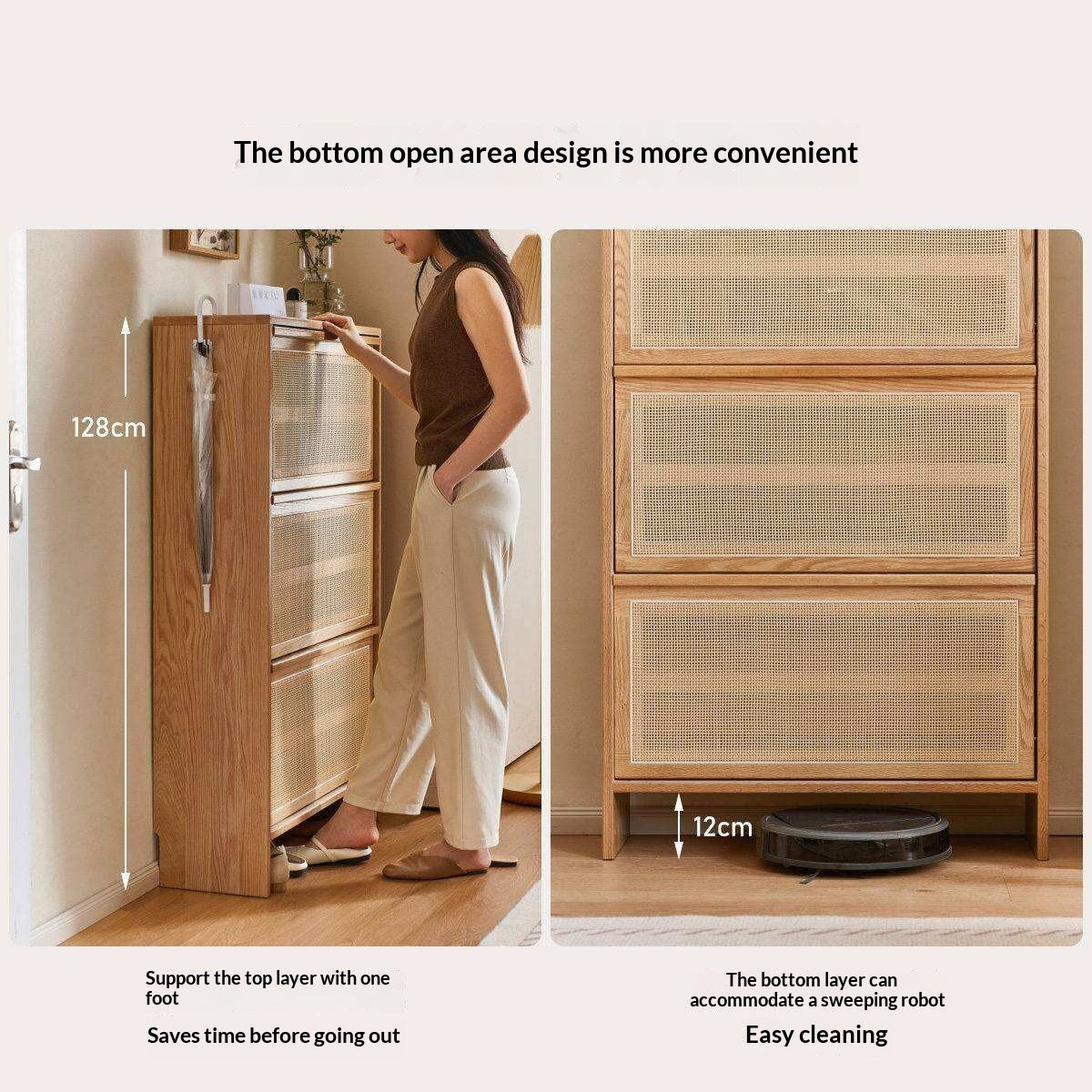Oak Solid Wood Shoe Cabinet with Modern Minimalist Flip Door, Rattan Accents