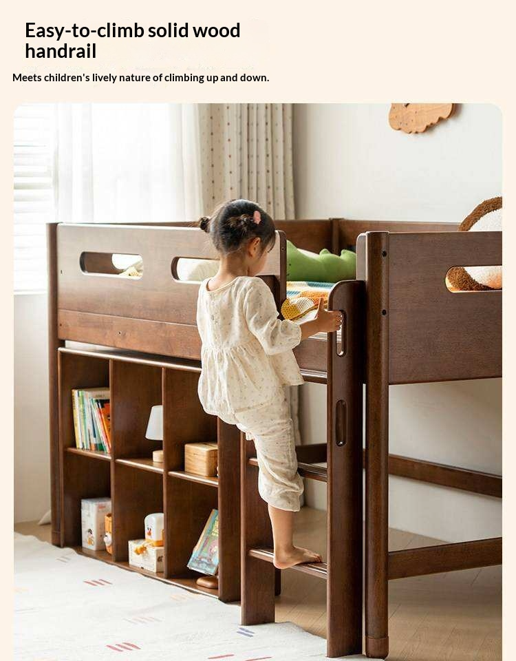 Rubberwood Solid Wood Mid-Height Kids Loft Bed with Staircase and Bookshelf Storage