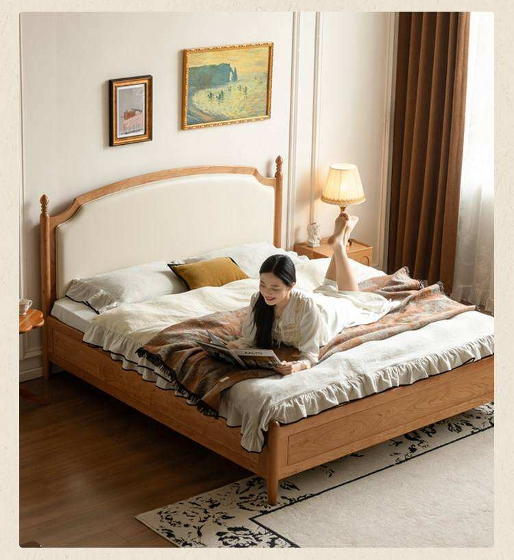 Cherry Solid Wood Box Bed with French Country Arched Upholstered Headboard and Spindle Posts