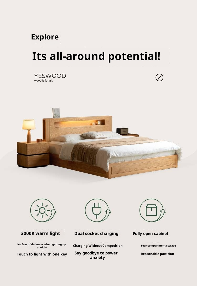 Oak Solid Wood Modern Minimalist Multifunctional with Light Box Bed