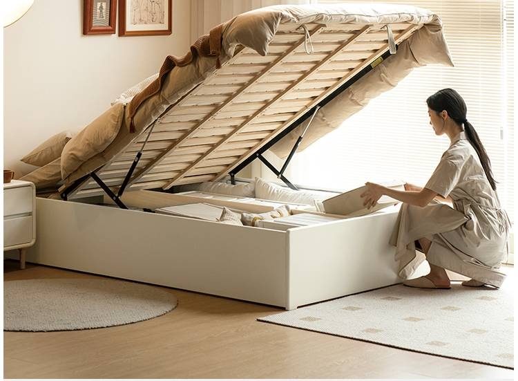 Rubberwood Solid Wood Platform Bed, Headboard-Free Box Bed Cream Style