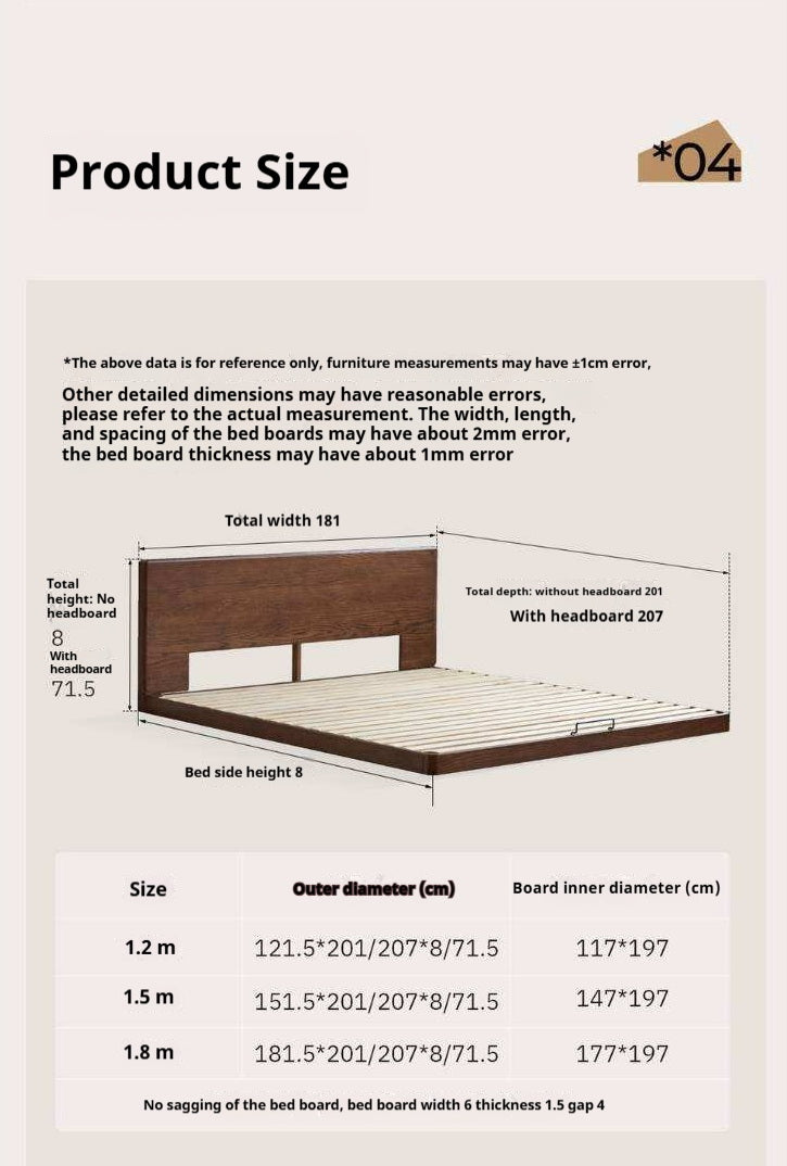 Oak Solid Wood Bed with Removable Headboard and Low Floor Design