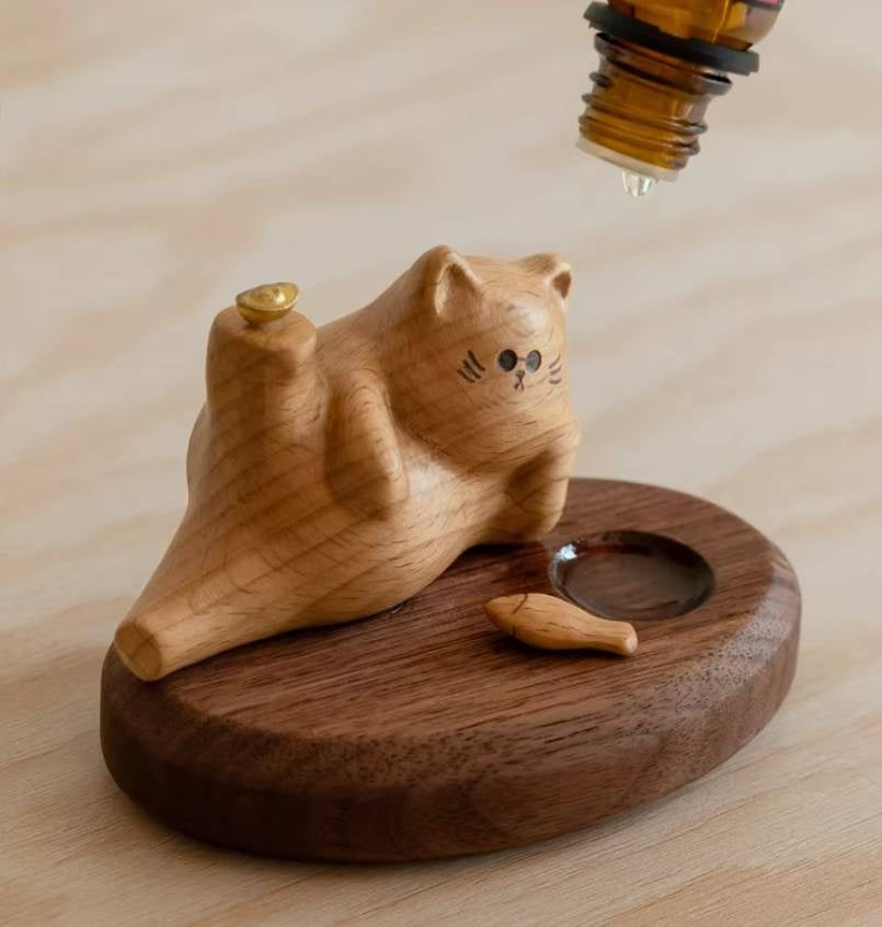 Beech, Black Walnut Solid Wood Lucky Cat Car Diffuser Ornament with Number Plate Design