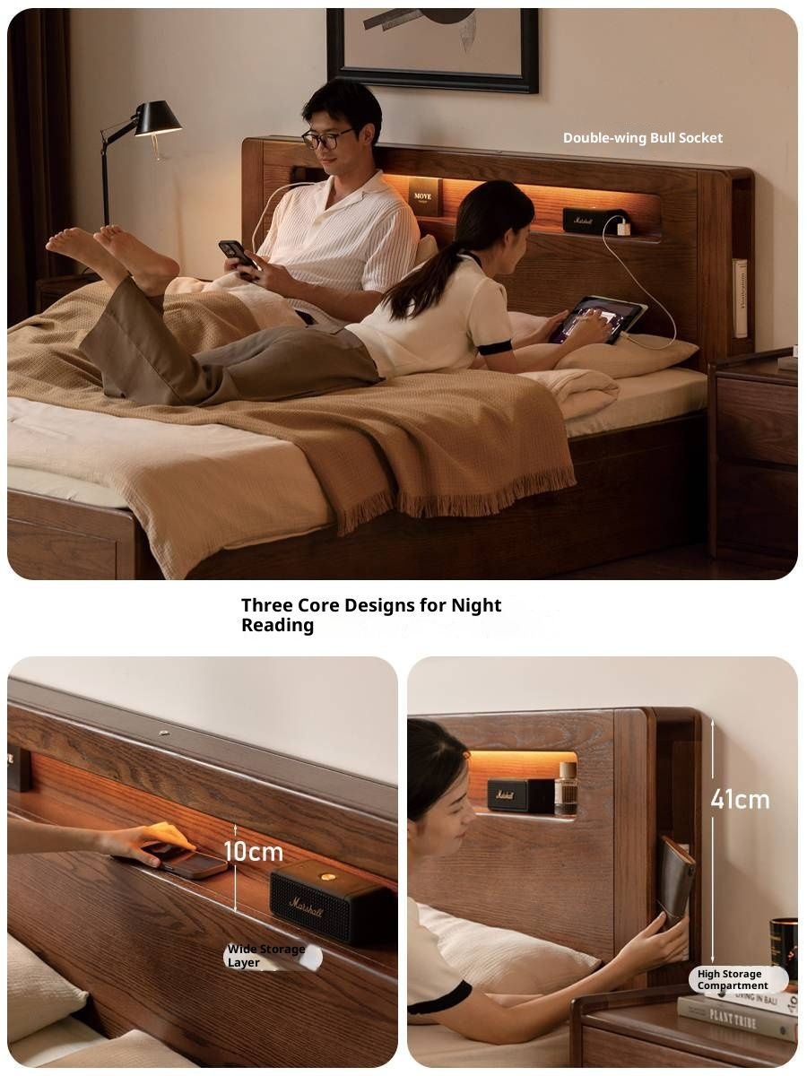 Oak Solid Wood Modern Minimalist Multifunctional with Light Box Bed