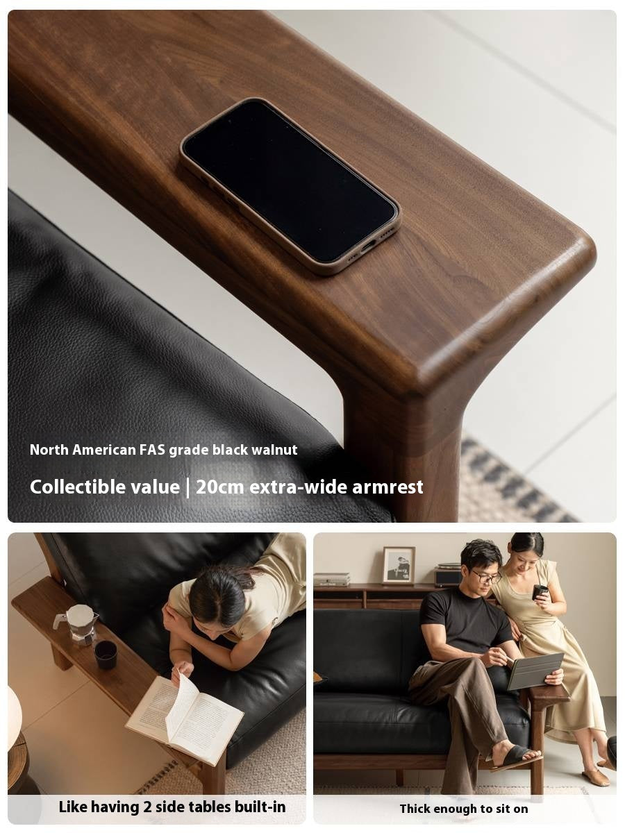 Black Walnut, Ash Solid Wood Wabi Sabi Style Genuine Leather Sofa, fabric sofa