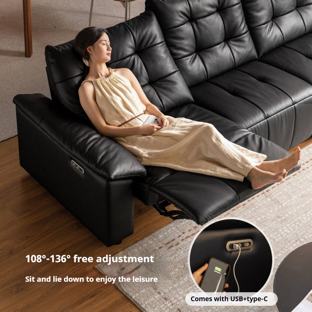 Pine Solid Wood Big Black Functional Leather Sofa