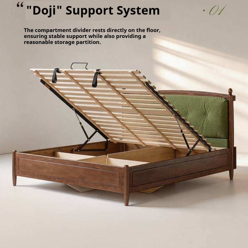 Oak Solid Wood French Country Tufted Storage Bed with Gas Lift and Turned Posts