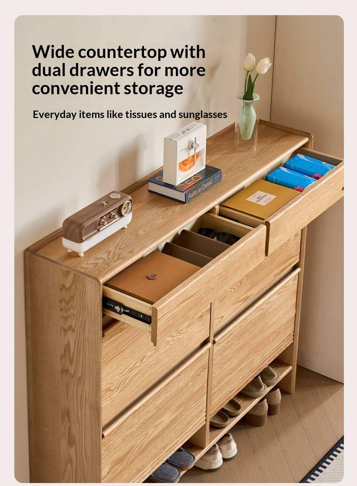Oak Solid Wood Slim Entryway Shoe Cabinet with Tilt-Out Compartments and Drawers