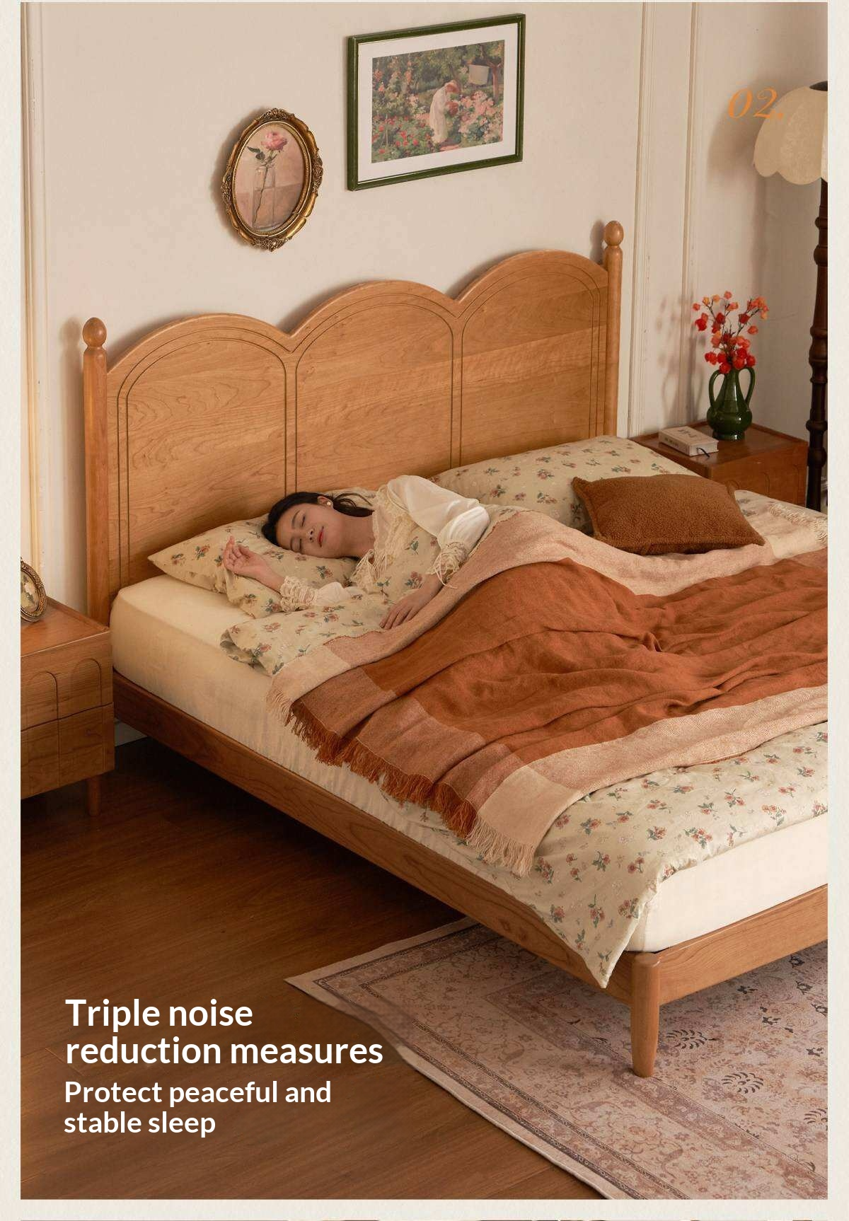 Cherry Solid Wood French Country Arched Platform Bed with Spindle Legs