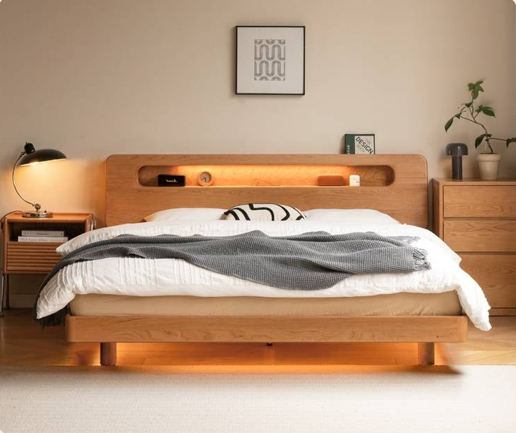 Cherry Solid Wood Retro with Socket Night Light Bed