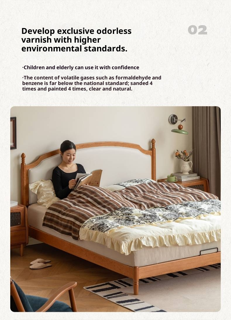 Cherry Solid Wood Soft Backrest Bed, French Retro Style