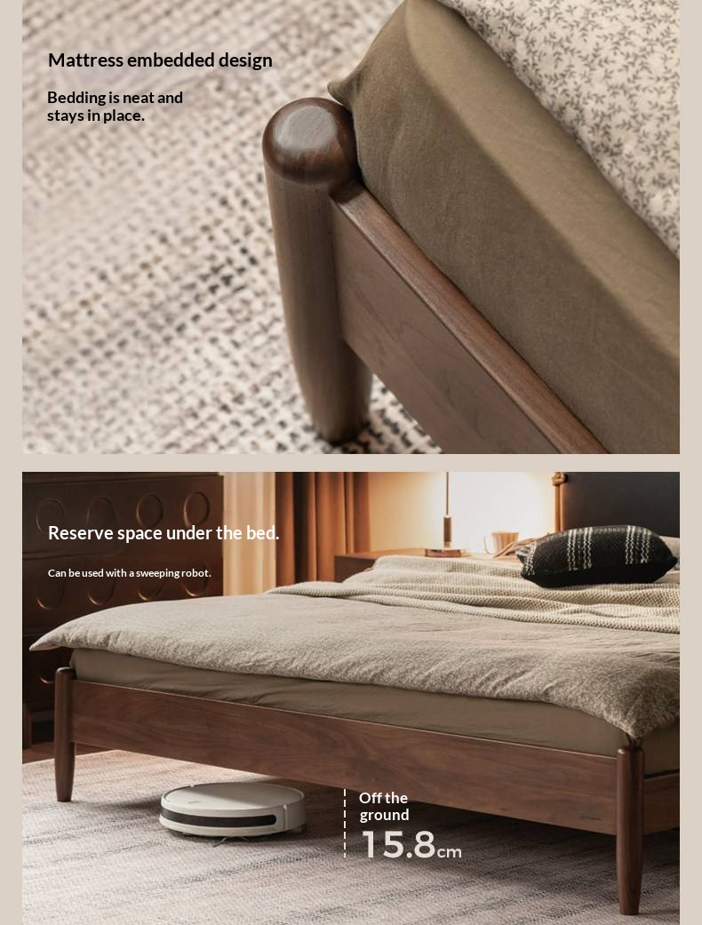 Black Walnut Solid Wood Bed — French Retro Style with Soft Backrest and Genuine Leather Upholstery