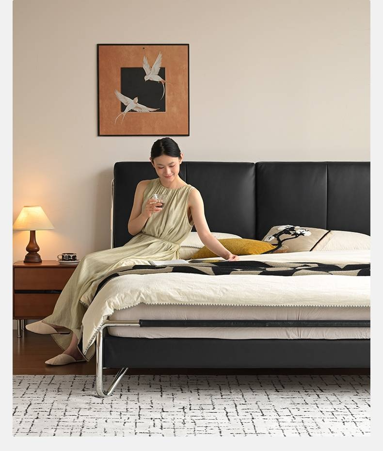 Genuine Leather Italian Style Light Luxury Black Bed