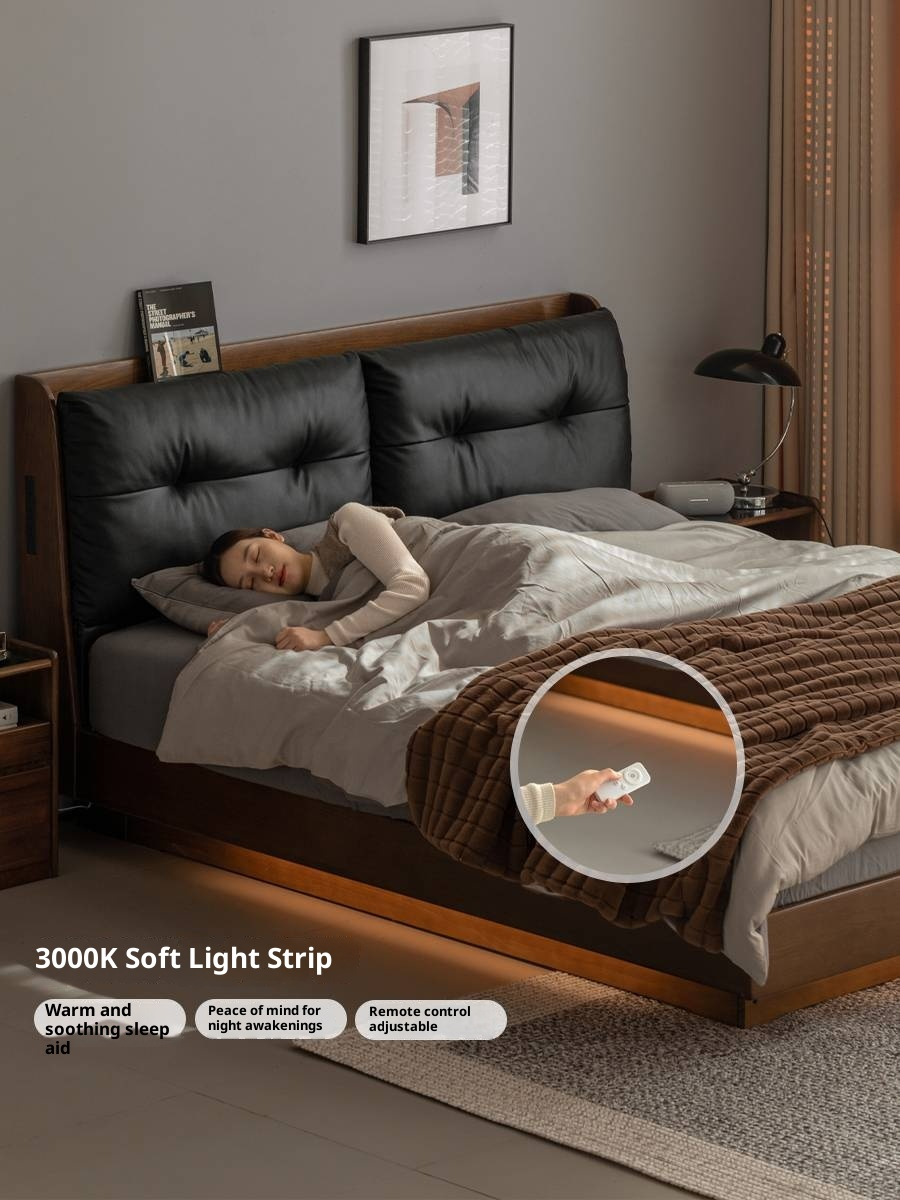 Oak Solid Wood Luxury Genuine Leather Box Bed