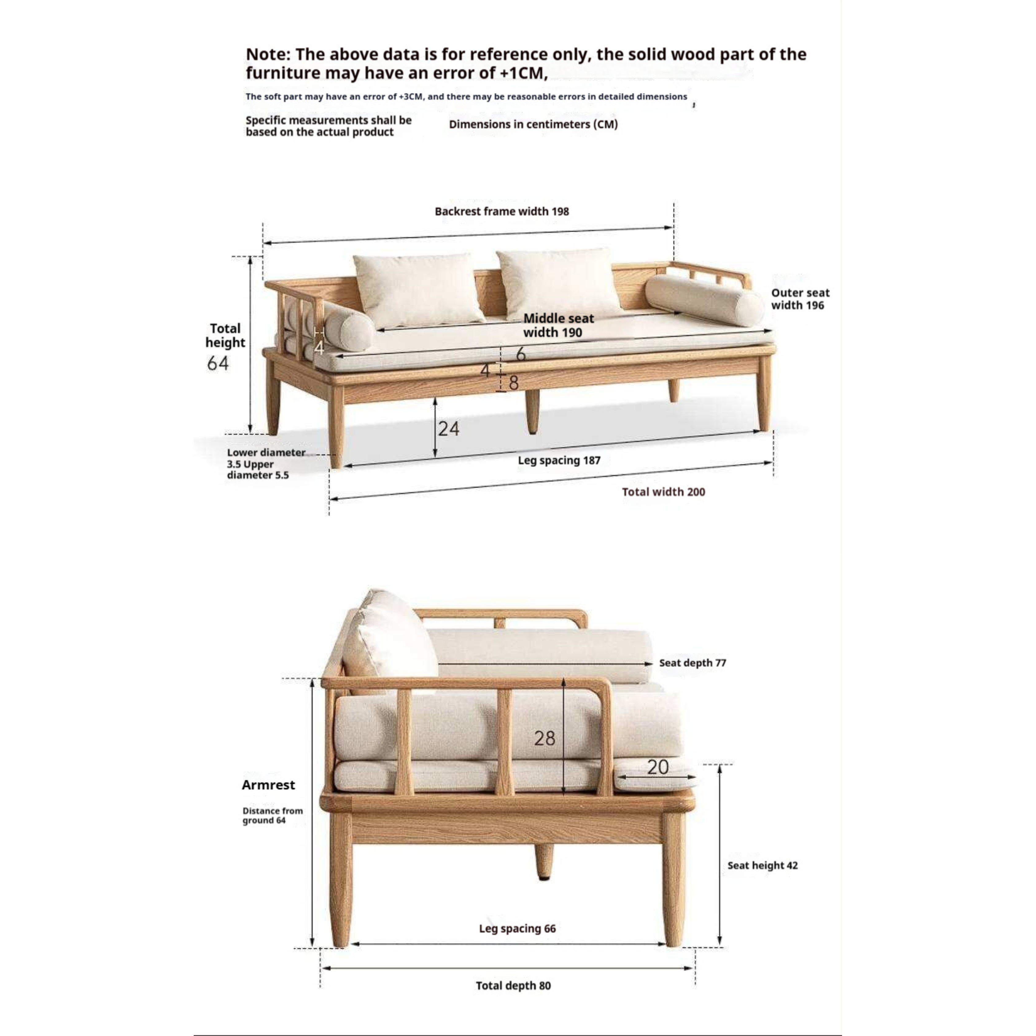 Oak Solid Wood Daybed Sofa with Removable Linen Cushions