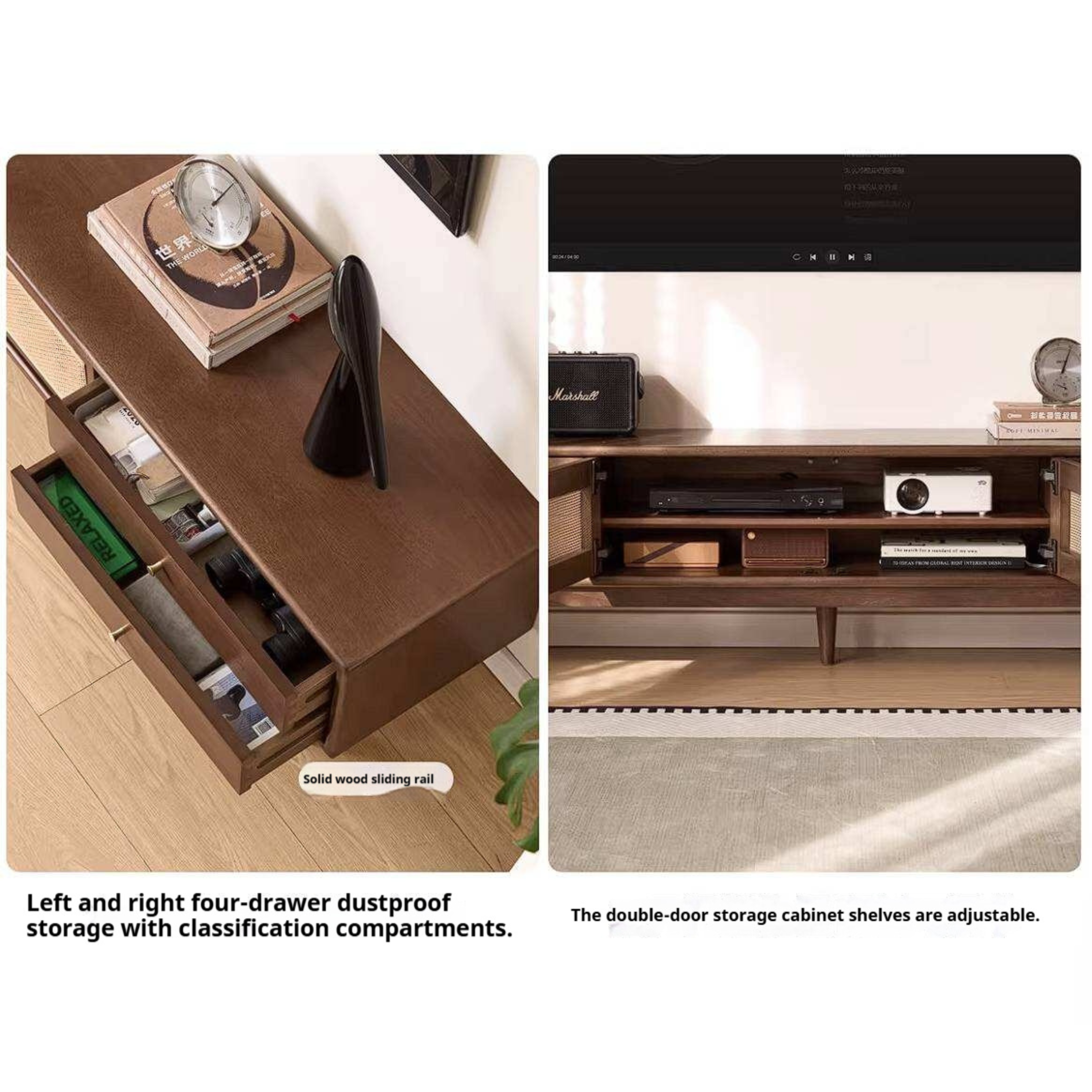 Birch Solid Wood TV Cabinet with Rattan Storage Design