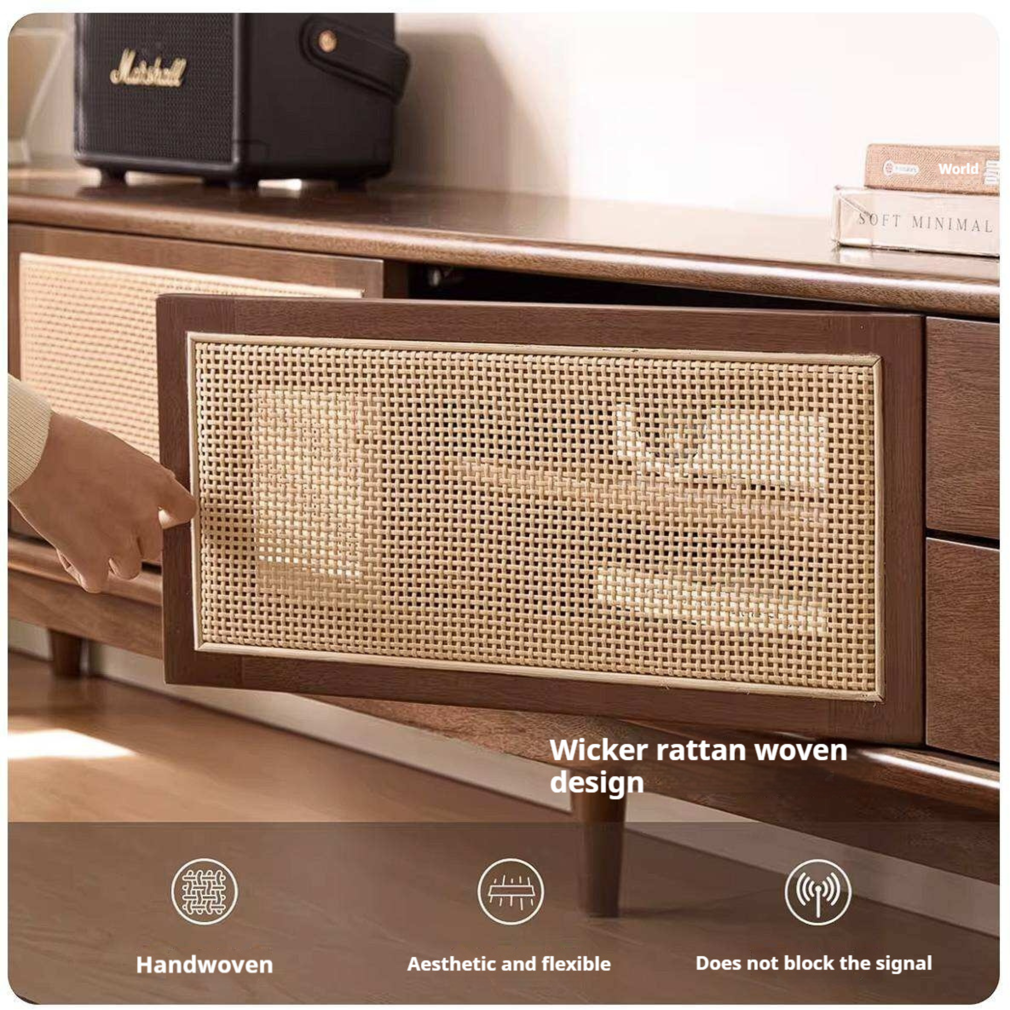Birch Solid Wood TV Cabinet with Rattan Storage Design