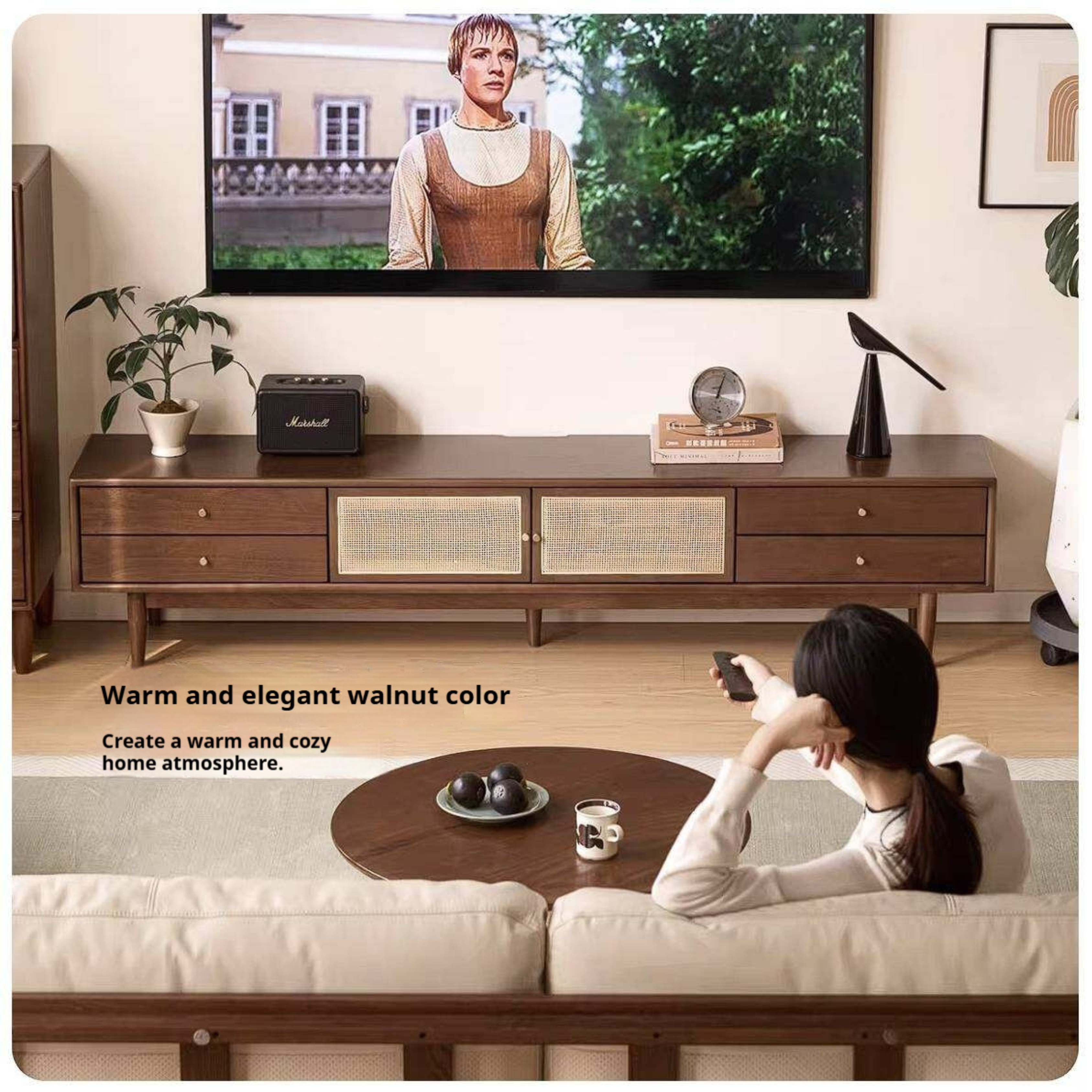 Birch Solid Wood TV Cabinet with Rattan Storage Design